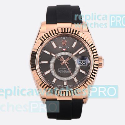 ES Factory Super Replica Rolex Sky-Dweller 42mm Rose Gold Case Black Oysterflex Watch 